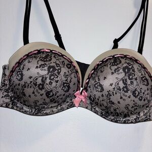 Victoria's Secret Very Sexy Strapless Black Lace Pink Bow Bra